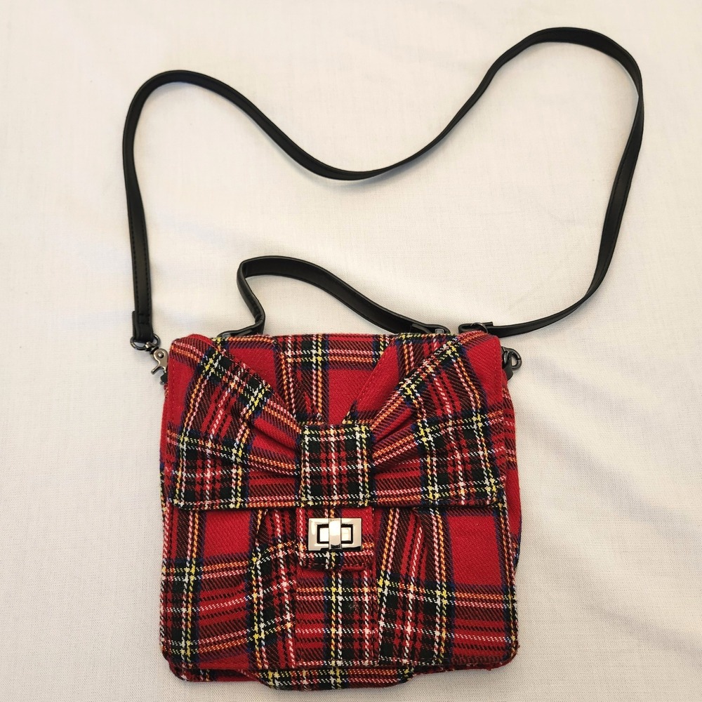 Betsey Johnson Red Plaid Bow Crossbody Bag Royal Stewart Tartan Handbag HTF Y2K